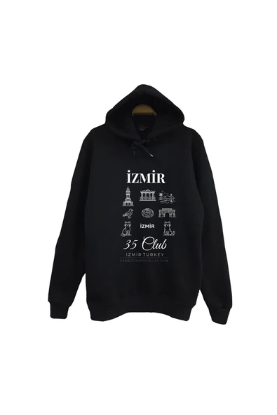 fame-stoned İzmir 35 Kordon Saat Kulesi Efes - Şehir Baskılı Unisex %100 Pamuk Siyah Kapüşonlu Sweatshirt ürün görseli 1