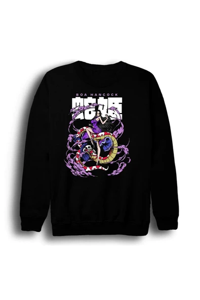 fame-stoned One Piece - Boa Hancock - Anime Baskılı Unisex %100 Pamuk Bisiklet Yaka Siyah Sweatshirt ürün görseli 1