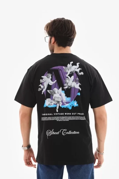 Modern Sanat Baskılı Unisex Siyah Bisiklet Yaka Oversize Tişört ürün görseli 1