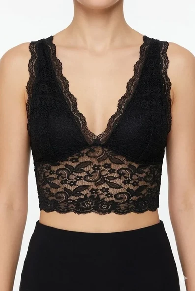 Dantel Bralet Crop Sütyen V Yaka Askılı Şık Esnek Rahat - Siyah ürün görseli 1