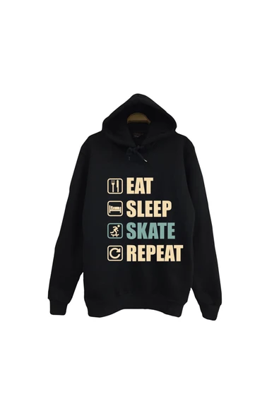 fame-stoned Eat Sleep Skate Repeat - Kaykay Baskılı Unisex %100 Pamuk Siyah Kapüşonlu Sweatshirt ürün görseli 1