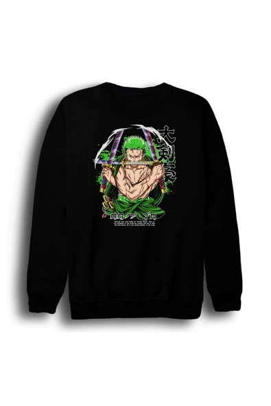 fame-stoned One Piece - Ronoa Zoro - Anime Baskılı Unisex %100 Pamuk Bisiklet Yaka Siyah Sweatshirt ürün görseli 1