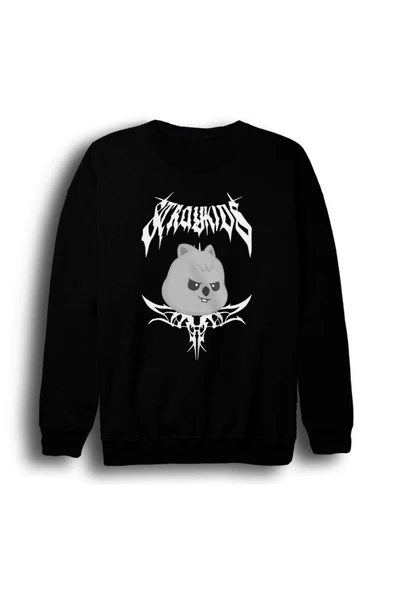 fame-stoned Stray Kids Skzoo Han Quokka Karakter Baskılı Unisex %100 Pamuk Bisiklet Yaka Siyah Sweatshirt ürün görseli 1