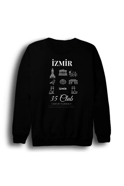 fame-stoned İzmir 35 Kordon Saat Kulesi Efes - Şehir Baskılı Unisex %100 Pamuk Siyah Bisiklet Yaka Sweatshirt ürün görseli 1