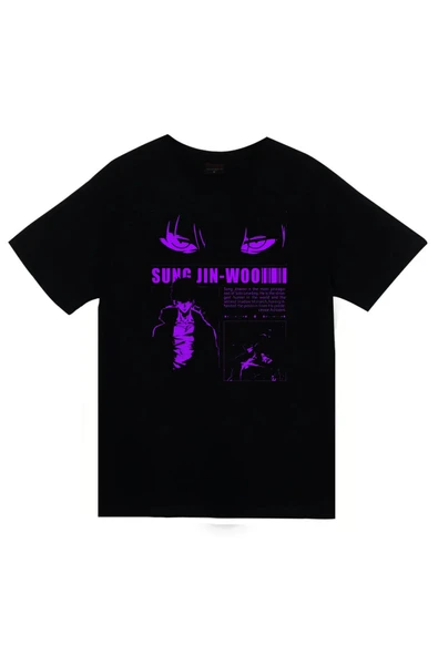 fame-stoned Solo Leveling - Sung Jin-Woo - Arise - Anime Baskılı Unisex %100 Pamuk Siyah T-shirt ürün görseli 1