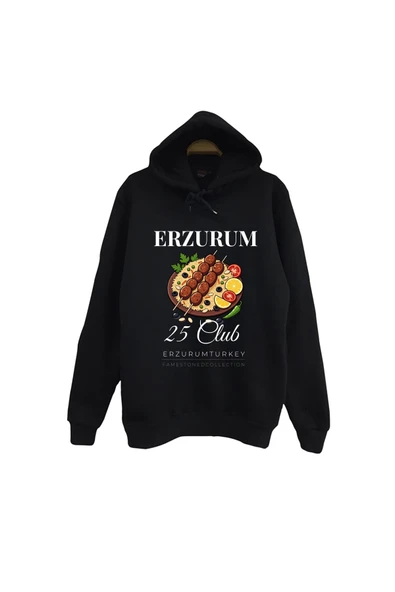 fame-stoned Erzurum 25 Palandöken - Cağ Kebabı - Şehir Baskılı Unisex %100 Pamuk Siyah Kapüşonlu Sweatshirt ürün görseli 1
