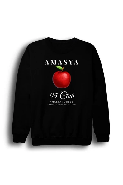 fame-stoned Amasya -05 - Elma - Şehir Baskılı Unisex %100 Pamuk Bisiklet Yaka Siyah Sweatshirt ürün görseli 1