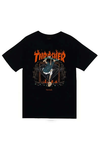 fame-stoned Thrasher - Kaykay Baskılı Unisex %100 Pamuk Siyah T-shirt ürün görseli 1