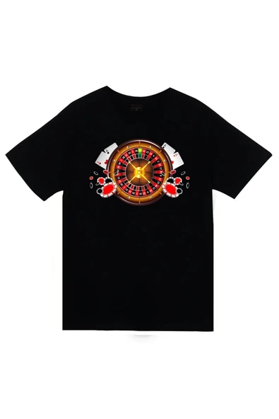 fame-stoned Rulet - Kumar - Kağıt - Oyun - Zar - Casino Baskılı Unisex %100 Pamuk Siyah T-shirt ürün görseli 1