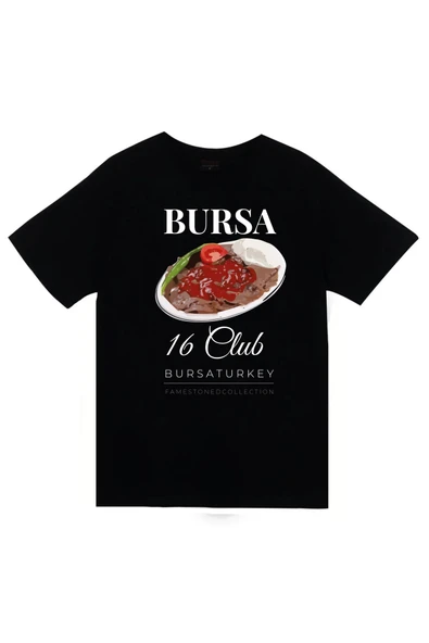 fame-stoned Bursa - 16 - Uludağ - İskender - Şehir Baskılı Unisex %100 Pamuk Siyah T-shirt ürün görseli 1