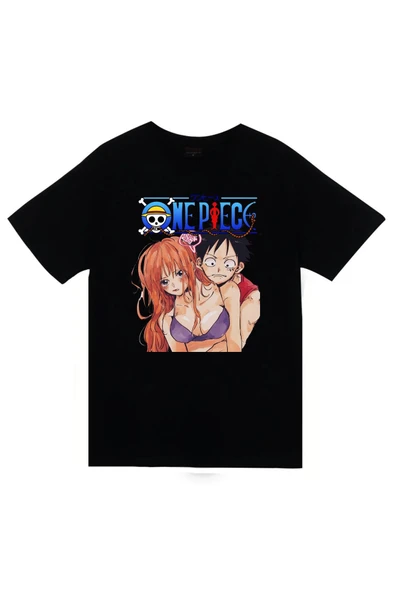 fame-stoned One Piece - Nami - Luffy - Nami x Luffy Baskılı Unisex %100 Pamuk Siyah T-shirt ürün görseli 1