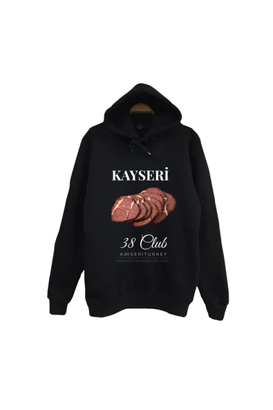 fame-stoned Kayseri 38 Erciyes Dağı Pastırma Şehir Baskılı Unisex %100 Pamuk Siyah Kapüşonlu Sweatshirt ürün görseli 1