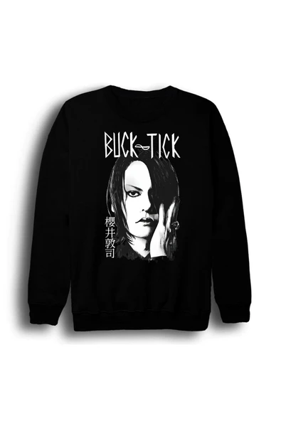 fame-stoned Buck Tick - Müzik Grubu - Atsushi Sakurai Baskılı Unisex %100 Pamuk Bisiklet Yaka Siyah Sweatshirt ürün görseli 1