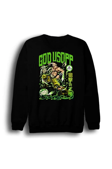fame-stoned One Piece - Usopp - Anime Baskılı Unisex %100 Pamuk Bisiklet Yaka Siyah Sweatshirt ürün görseli 1