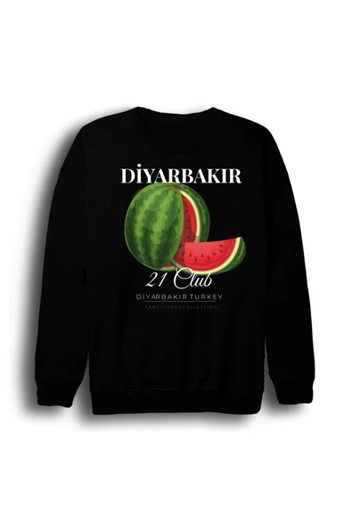 fame-stoned Diyarbakır - 21 - Surlar - Karpuz - Şehir Baskılı Unisex %100 Pamuk Siyah Bisiklet Yaka Sweatshirt ürün görseli 1