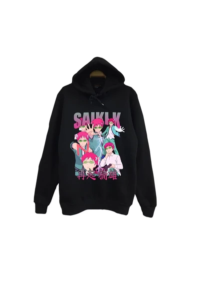 fame-stoned Saiki Kusuo - no Ψ Nan - Anime Baskılı Unisex %100 Pamuk Siyah Kapüşonlu Sweatshirt ürün görseli 1