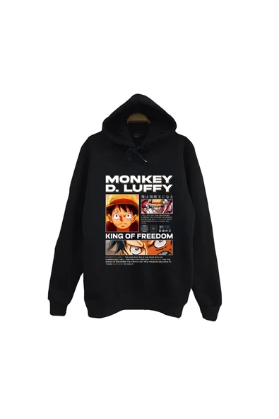 fame-stoned One Piece - Monkey D. Luffy - Anime Baskılı Unisex %100 Pamuk Siyah Kapüşonlu Sweatshirt ürün görseli 1