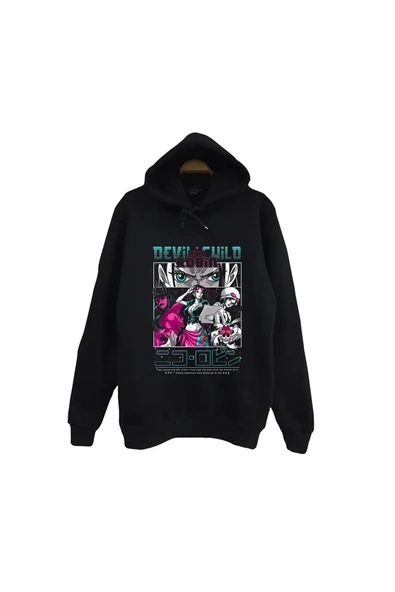 fame-stoned One Piece - Nico Robin - Devild Child - Anime Baskılı Unisex %100 Pamuk Siyah Kapüşonlu Sweatshirt ürün görseli 1