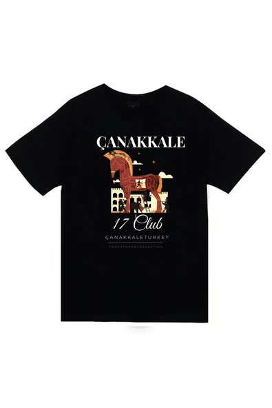 fame-stoned Çanakkale - 17 - Troya - Şehitlik - Şehir Baskılı Unisex %100 Pamuk Siyah T-shirt ürün görseli 1