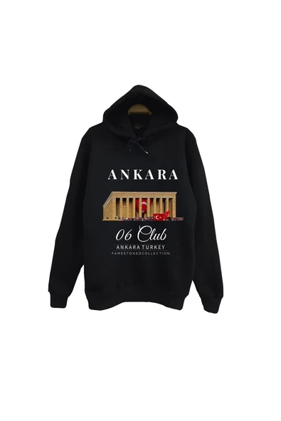 fame-stoned Ankara 06 Anıtkabir Atatürk Türk Bayrağı Şehir Baskılı Unisex %100 Pamuk Kapüşonlu Siyah Sweatshirt ürün görseli 1
