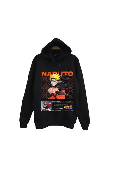 fame-stoned Naruto - Naruto Uzumaki - Anime Baskılı Unisex %100 Pamuk Siyah Kapüşonlu Sweatshirt ürün görseli 1