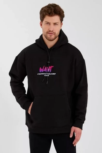 Modern Sanat Baskılı Erkek Siyah Üç İplik Kapüşonlu Sweatshirt ürün görseli 1