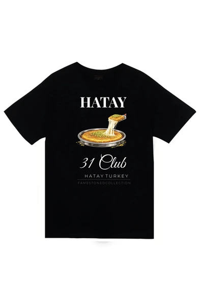 fame-stoned Hatay - 31 - Künefe - Mozaik - Şehir Baskılı Unisex %100 Pamuk Siyah T-shirt ürün görseli 1