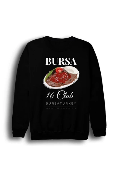 fame-stoned Bursa - 16 - Uludağ - İskender - Şehir Baskılı Unisex %100 Pamuk Bisiklet Yaka Siyah Sweatshirt ürün görseli 1