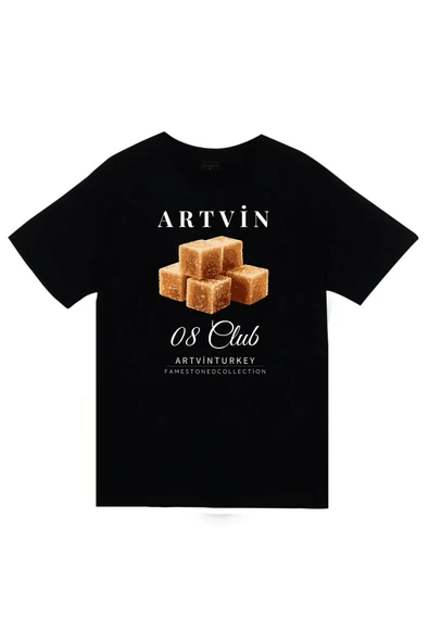 fame-stoned Artvin - 08 - Küp Şekeri - Şehir Baskılı Unisex %100 Pamuk Siyah T-shirt ürün görseli 1