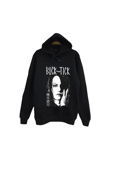 fame-stoned Buck Tick - Müzik Grubu - Atsushi Sakurai Baskılı Unisex %100 Pamuk Siyah Kapüşonlu Sweatshirt ürün görseli 1