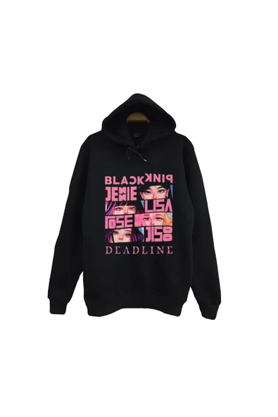 fame-stoned Blackpink -Lisa-Jennie-Jisoo-Rose-Deadline Baskılı Unisex %100 Pamuk Kapüşonlu Siyah Sweatshirt ürün görseli 1