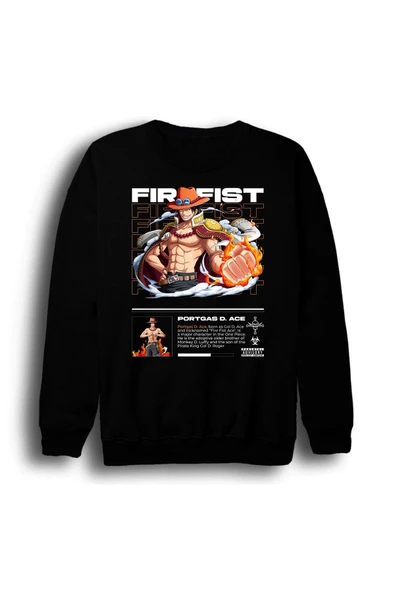 fame-stoned One Piece - Portgas D. Ace - Anime Baskılı Unisex %100 Pamuk Bisiklet Yaka Siyah Sweatshirt ürün görseli 1