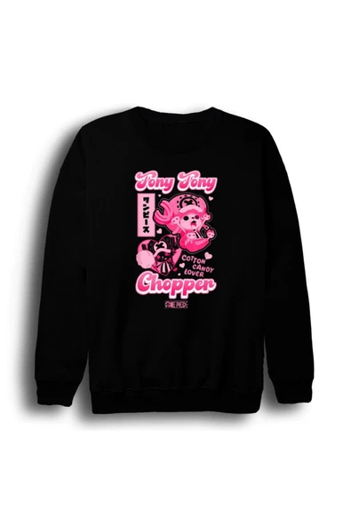 fame-stoned One Piece - Tony Tony Chopper - Anime Baskılı Unisex %100 Pamuk Bisiklet Yaka Siyah Sweatshirt ürün görseli 1
