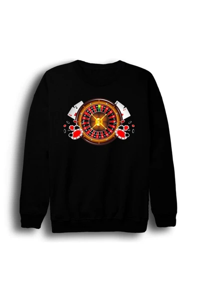 fame-stoned Rulet - Kumar - Kağıt - Oyun - Zar - Casino Baskılı Unisex %100 Pamuk Bisiklet Yaka Siyah Sweatshirt ürün görseli 1