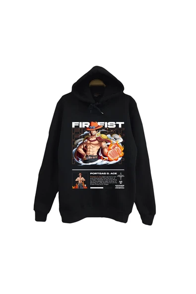 fame-stoned One Piece - Portgas D. Ace - Anime Baskılı Unisex %100 Pamuk Siyah Kapüşonlu Sweatshirt ürün görseli 1