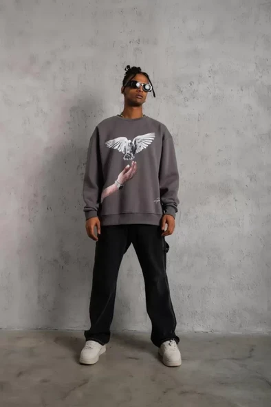 Özgür Güvercin Baskılı Erkek Gri Sweatshirt ürün görseli 1
