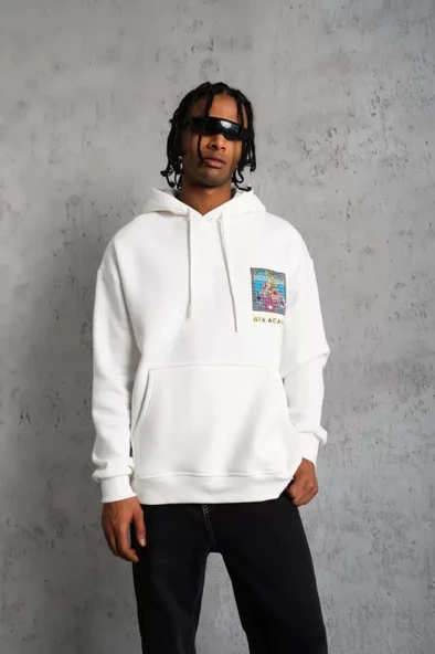 Baskılı Erkek Patel Six Tipografi Beyaz Kapüşonlu Sweatshirt ürün görseli 1