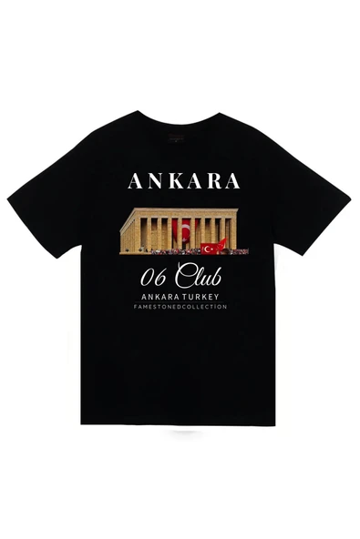 fame-stoned Ankara - 06 - Anıtkabir - Atatürk - Türk Bayrağı - Şehir Baskılı Unisex %100 Pamuk Siyah T-shirt ürün görseli 1