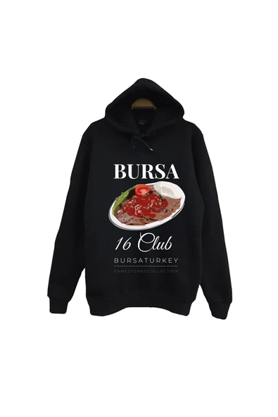 fame-stoned Bursa - 16 - Uludağ - İskender - Şehir Baskılı Unisex %100 Pamuk Siyah Kapüşonlu Sweatshirt ürün görseli 1