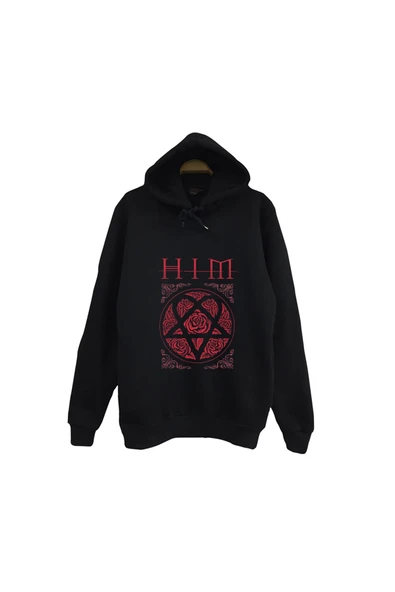 fame-stoned Him Baskılı Unisex %100 Pamuk Kapüşonlu Siyah Sweatshirt ürün görseli 1