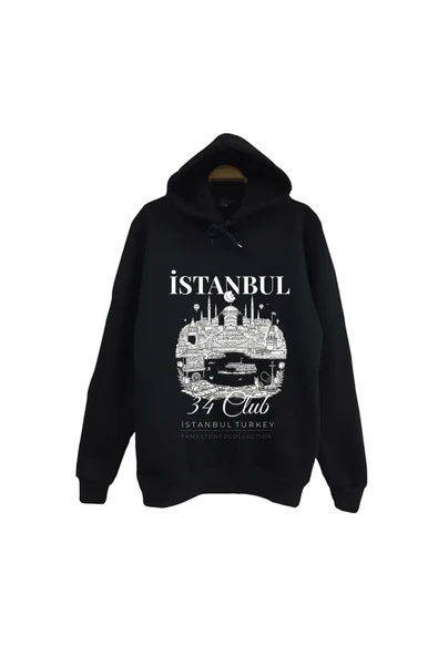 fame-stoned İstanbul 34 Boğaz Ayasofya Galata - Şehir Baskılı Unisex %100 Pamuk Siyah Kapüşonlu Sweatshirt ürün görseli 1