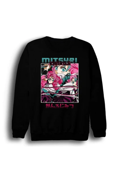fame-stoned Demon Slayer - Mitsuri Kanroji - Anime Baskılı Unisex %100 Pamuk Bisiklet Yaka Siyah Sweatshirt ürün görseli 1