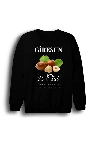 fame-stoned Giresun - 28 - Fındık - Ada - Şehir Baskılı Unisex %100 Pamuk Siyah Bisiklet Yaka Sweatshirt ürün görseli 1
