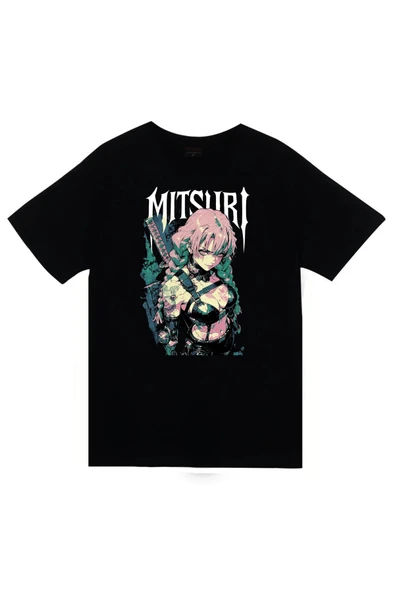 fame-stoned Demon Slayer - Mitsuri Kanroji - Anime Baskılı Unisex %100 Pamuk Siyah T-shirt ürün görseli 1