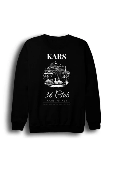 fame-stoned Kars36 Ani Harabeleri Kars Kalesi Kaz Şehir Baskılı Unisex %100 Pamuk Siyah Bisiklet Yaka Sweatshirt ürün görseli 1