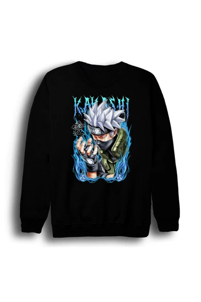 fame-stoned Naruto - Kakashi Hatake - Anime Baskılı Unisex %100 Pamuk Bisiklet Yaka Siyah Sweatshirt ürün görseli 1