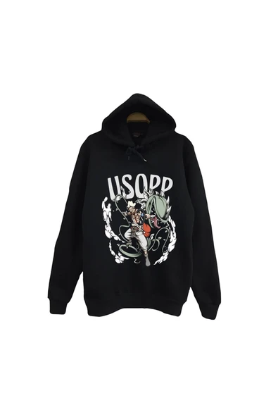 fame-stoned One Piece - Usopp - Anime Baskılı Unisex %100 Pamuk Siyah Kapüşonlu Sweatshirt ürün görseli 1