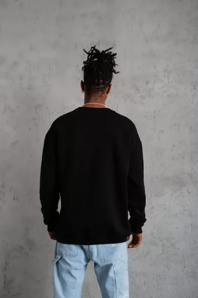 Basic Dokulu Erkek Günlük Stil Siyah Bisiklet Yaka Sweatshirt ürün görseli 1