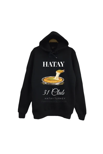 fame-stoned Hatay - 31 - Künefe - Mozaik - Şehir Baskılı Unisex %100 Pamuk Siyah Kapüşonlu Sweatshirt ürün görseli 1