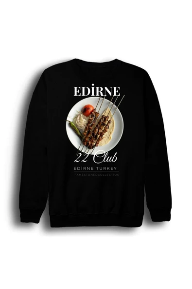 fame-stoned Edirne - 22 - Selimiye - Tava Ciğer - Şehir Baskılı Unisex %100 Pamuk Siyah Bisiklet Yaka Sweatshirt ürün görseli 1